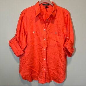 Lauren Ralph Lauren Women’s Orange 100% Button Up Top Large